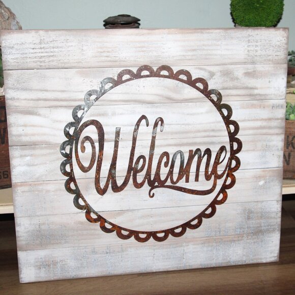 NEW Large Rustic Distressed Wood & Rusty Metal Farmhouse WELCOME Wall Decor - Picture 3 of 3